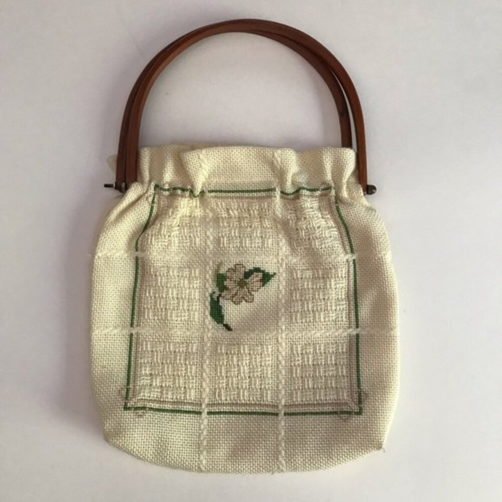 Vintage Custom Made by Cloverly Cottage Cross Stitch Cream Handbag Floral Lined